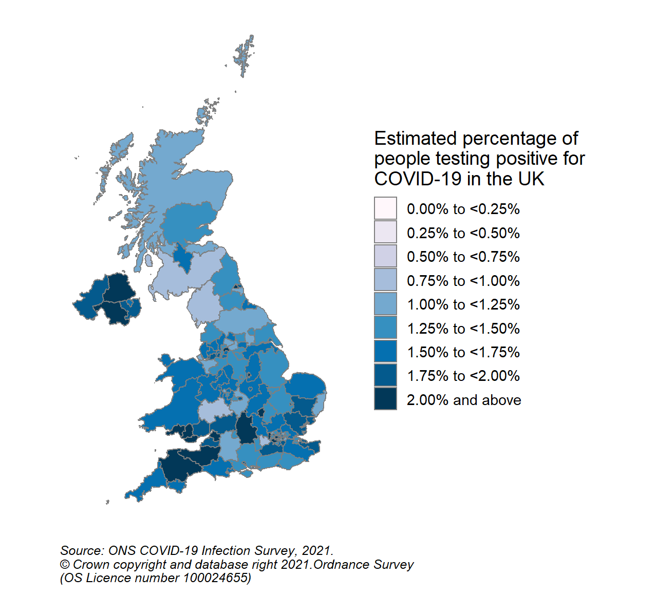 This colour coded map of the UK shows the modelled estimates of the percentage of the private residential population testing positive for COVID-19, by COVID-19 Infection Survey sub-regions. In Scotland, these sub-regions are comprised of Health Boards. The regions are: 123 - NHS Grampian, NHS Highland, NHS Orkney, NHS Shetland and NHS Western Isles, 124 - NHS Fife, NHS Forth Valley and NHS Tayside, 125 - NHS Greater Glasgow & Clyde, 126 - NHS Lothian, 127 - NHS Lanarkshire, 128 - NHS Ayrshire & Arran, NHS Borders and NHS Dumfries & Galloway.  The sub-region with the highest modelled estimate for the percentage of people testing positive was CIS Region 127 (NHS Lanarkshire) at 1.58% (95% credible interval: 1.26% to 1.98%).  The sub-region with the lowest modelled estimate was Region 128 (NHS Ayrshire & Arran, NHS Borders and NHS Dumfries & Galloway), at 0.99% (95% credible interval: 0.77% to 1.27%).
