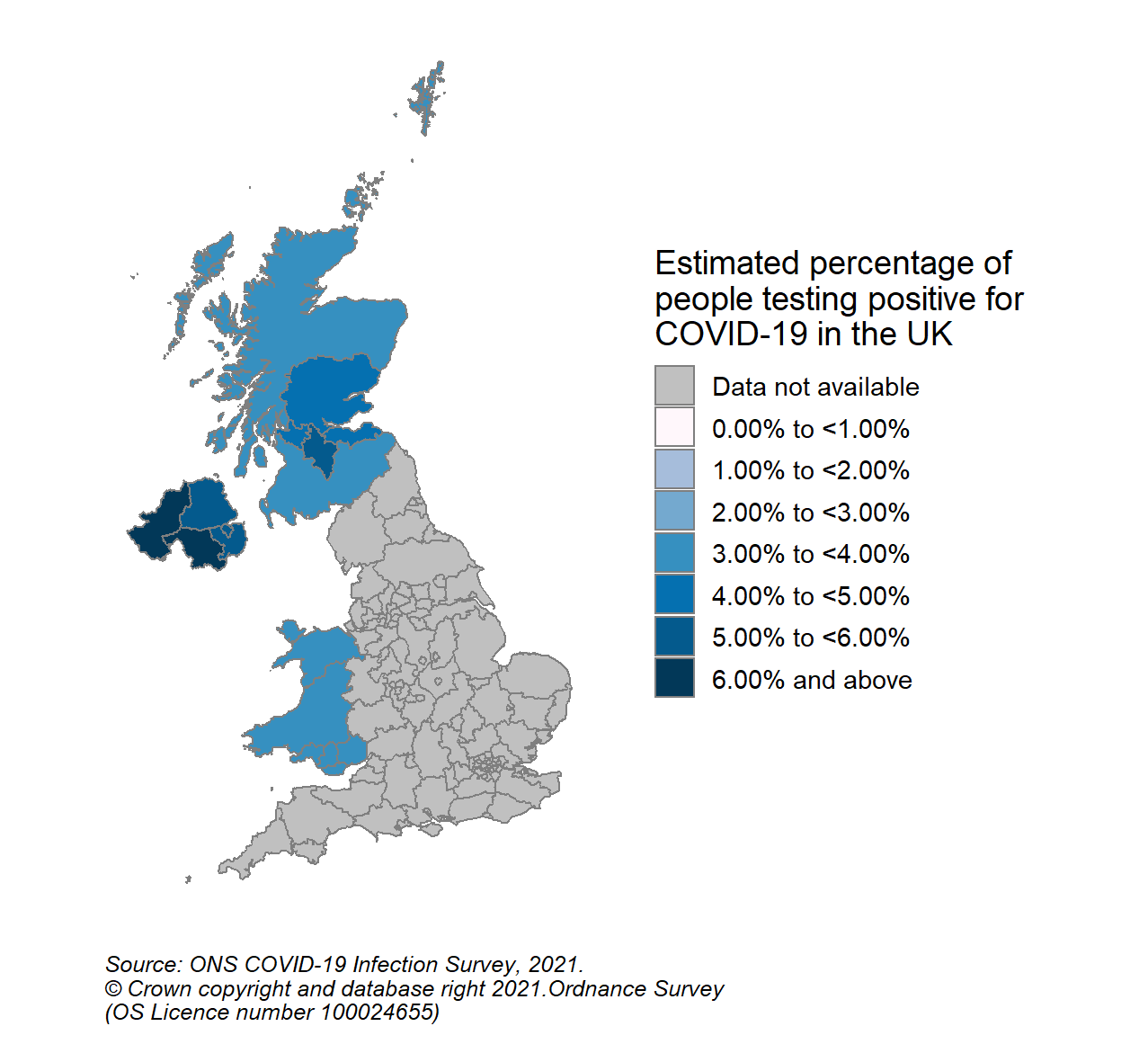 This colour coded map of the UK shows the modelled estimates of the percentage of the private residential population testing positive for COVID-19, by COVID-19 Infection Survey sub-regions. In Scotland, these sub-regions are comprised of Health Boards. The regions are: 123 - NHS Grampian, NHS Highland, NHS Orkney, NHS Shetland and NHS Western Isles, 124 - NHS Fife, NHS Forth Valley and NHS Tayside, 125 - NHS Greater Glasgow & Clyde, 126 - NHS Lothian, 127 - NHS Lanarkshire, 128 - NHS Ayrshire & Arran, NHS Borders and NHS Dumfries & Galloway.  The sub-region with the highest modelled estimate for the percentage of people testing positive was CIS Region 127 (NHS Lanarkshire) at 5.66% (95% credible interval: 4.83% to 6.67%).  The sub-region with the lowest modelled estimate was Region 123 (NHS Grampian, NHS Highland, NHS Orkney, NHS Shetland and NHS Western Isles), at 3.03% (95% credible interval: 2.52% to 3.63%).  We have not included sub-regional data for England in the map this week because data for England is going through additional quality assurance and has therefore not been updated. We have included updated data for Wales, Northern Ireland and Scotland as usual.