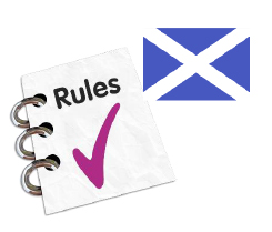 Notebook with rules written on it and a tick underneath the word rules, with a Saltire flag in top right corner