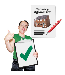Person, with thumb pointing up, holding a sign with a tick, with a tenancy agreement document and pen in top right hand corner