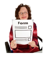 Person holding a piece of paper with the word Form at the top of the paper and a number of lines and boxes to indicate text are on the paper
