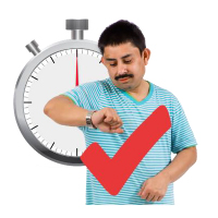 Person looking at the time on his watch with large red tick on the image and a stop watch in the background
