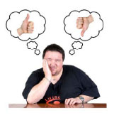 Man with two thought bubbles above his head with a thumb up and a thumb down