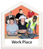Photo of people with learning disabilities and the words Work Place at the bottom