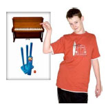 Boy pointing to a poster with a piano and cricket stumps on it