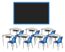 Chalkboard with desks and chairs