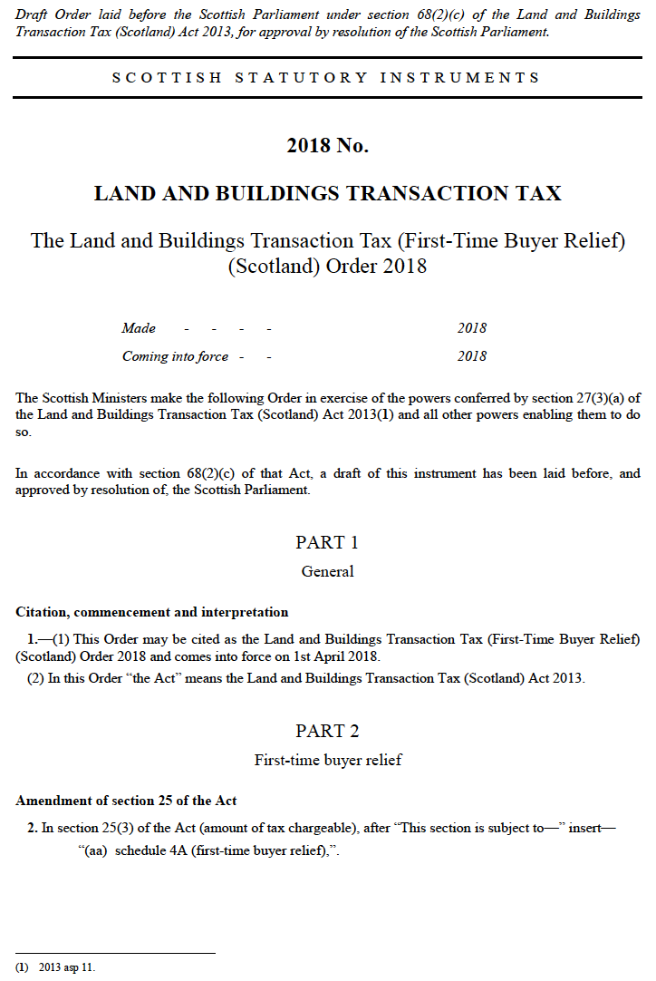 Draft Land And Buildings Transaction Tax (First-Time Buyer Relief) (Scotland) Order 2018