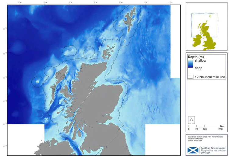 Figure 7: Bathymetry of Scottish waters. © Crown copyright and database rights (2018) OS (100024655). © Crown Copyright, 2018. All rights reserved. License No. EK001-20140401. 