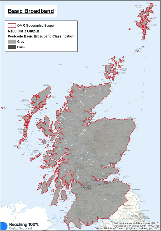The first map in Appendix A shows basic broadband coverage across Scotland. Basic Broadband is defined as at least 2 megabits per second. The map demonstrates universal coverage of basic broadband
