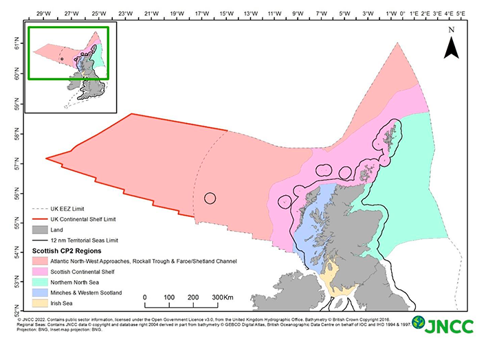 Figure 1: map of Scotland's seas. Scotland’s seas split by biogeographic regions that will help inform the Scottish HPMA process, shown alongside the extent of Scottish inshore (12 nautical mile territorial seas limit) and offshore (UK Continental Shelf and EEZ limit) waters (excluding the special area of shared competence with the Faroe Islands).