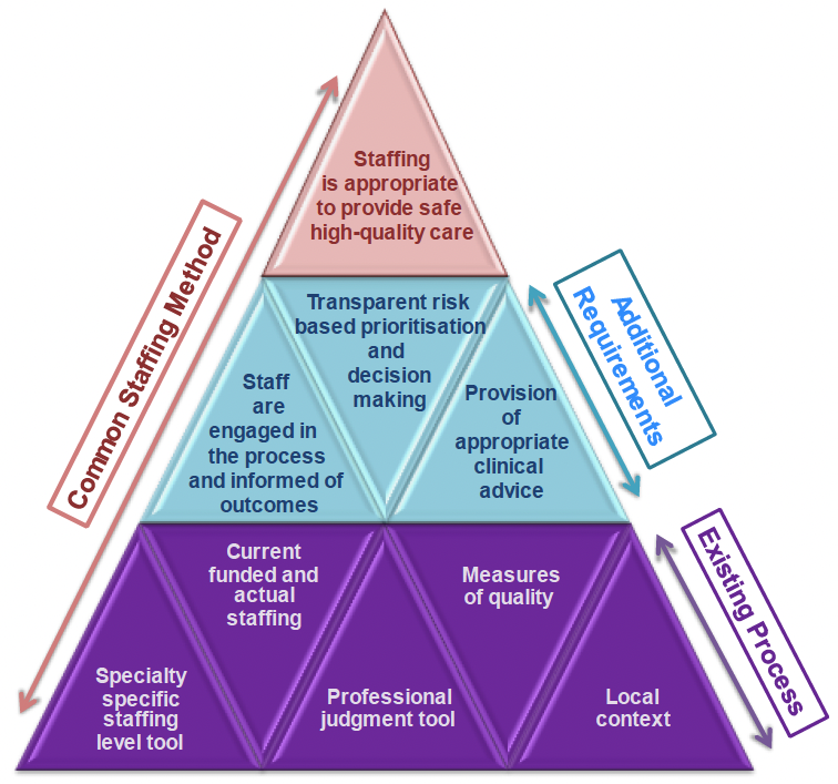A triangle showing the various components of the common staffing method, including use of the staffing tools and consideration of a range of factors to determine what is appropriate staffing to provide safe high-quality care.