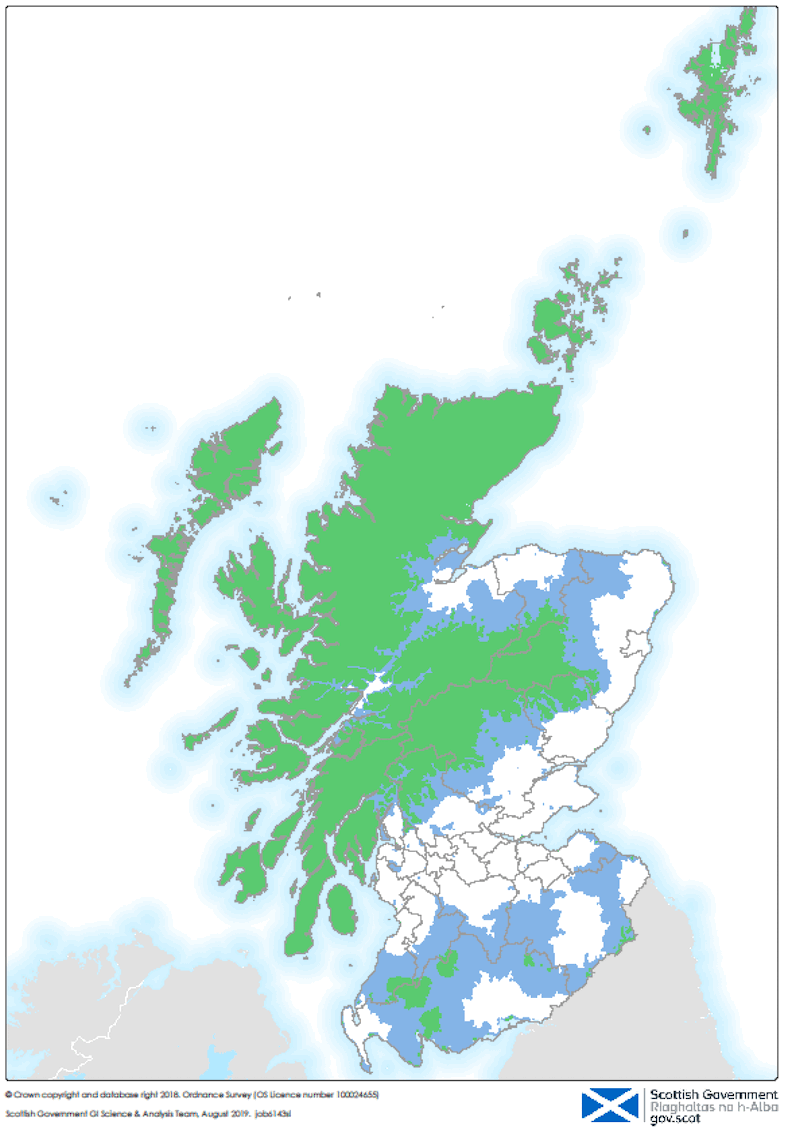 Figure 2 - Map of Rural Scotland using Scottish Urban / Rural Classification 8-fold categories. The Blue areas are 'Remote' and the Green areas 'Very Remote' using the 8-fold categories.