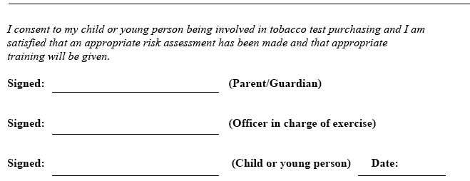consent form for young person being involved in tobacco test purchasing