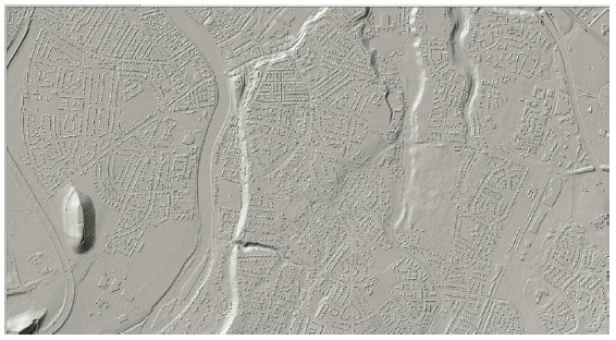 Figure A1 - Representation of the ground is a key component of surface water flood modelling. The example above is a Digital Terrain Model (DTM) produced from LiDAR data with buildings represented. 