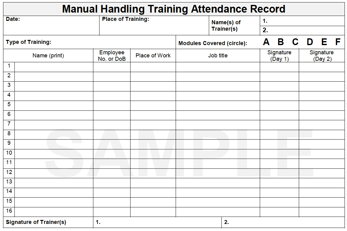 Manual Handling Training Attendance Record