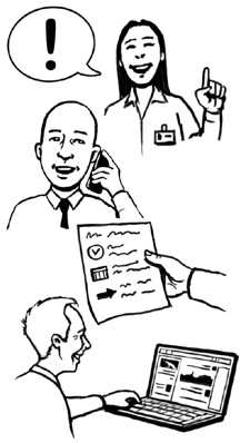 A woman talking with a speech bubble. A man talking on the phone.  A hand holding a sheet of paper with words and pictures on it. A man looking at a web page on a computer