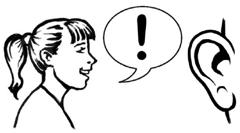 A woman is talking with a speech bubble coming from her mouth. Next to her there is an ear, listening
