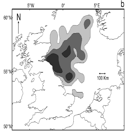 Image G13: Representation of One of the Maps Produced in Hamer et al.  (2007) Indicating the Foraging Locations of Northern Gannet From Bass Rock in 2002