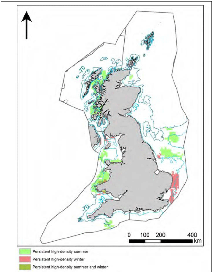 Image H9: Map showing selected persistent high-density areas of harbour porpoise with survey effort from three or more years, as derived from the statistical manipulations used in the present report.