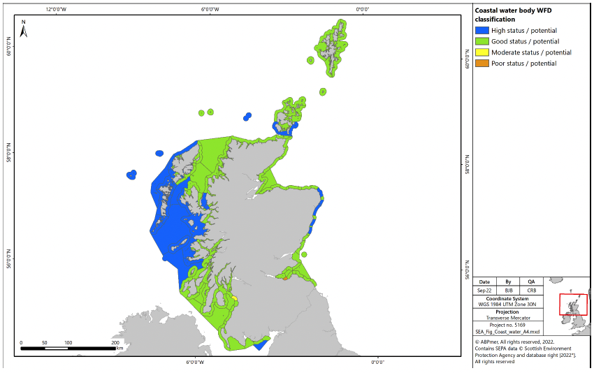 Coastal water body WFD classification in 2020

Map of Scotland's seas showing the WFD classification of Scotland's coastal waters. This shows that the majority are in high or good status, with only small areas in the Clyde and Forth being in moderate or poor status.
