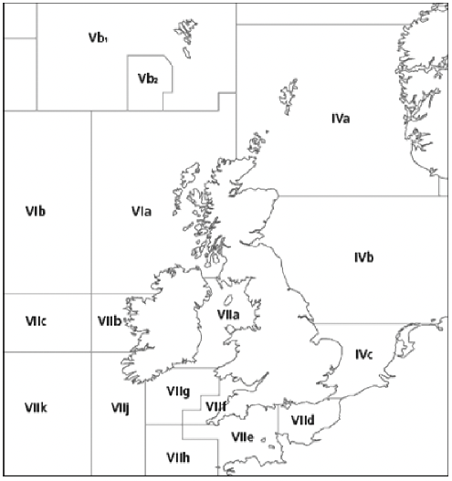 A map showing the ICES rectangles around the UK EEZ. IVa is located in the North Sea, covering the north-eastern coast of the Scottish mainland, Orkney and Shetland. IVb covers the eastern coast of Great Britain, from Aberdeen to the Humber estuary. IVc covers south-eastern England, from the Humber estuary south. 
