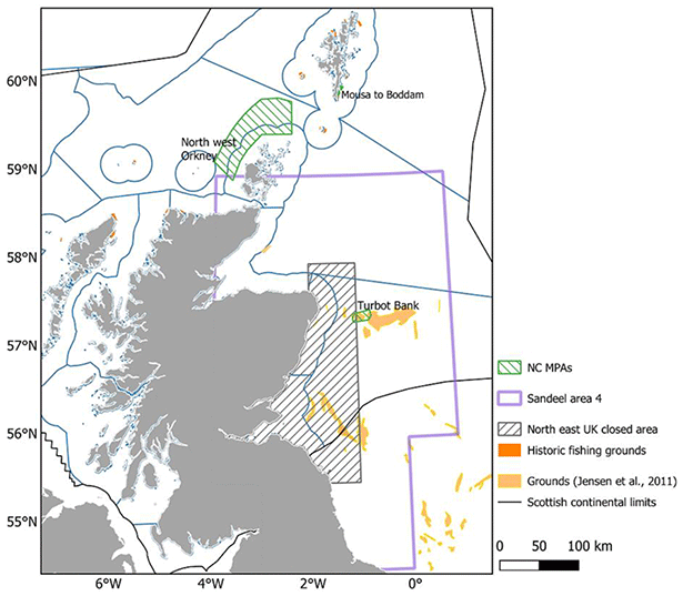 A map of the waters around Scotland indicating the location of NCMPAs (Mousa to Boddam in Shetland, NW Orkney and Turbot Bank), the Area 4 closed area and known sandeel fishing grounds. Around 27% of the historical fishing grounds are located within the closed area.