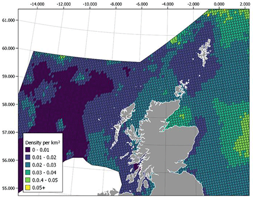 A map of Scotland showing predicted minke whale densities. Densities are highest in the eastern region of the Scottish territorial region of the north sea and decrease towards the coast. An additional density increase can be seen in the Moray Firth.