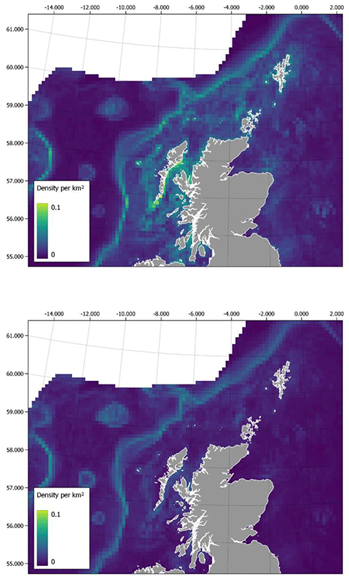 Two maps of Scotland showing predicted minke whale densities in January and July. Densities are highest off the western isles, with several discrete hotspots along the continental shelf edge and upwelling regions. Densities are higher in all regions in January when compared with July.