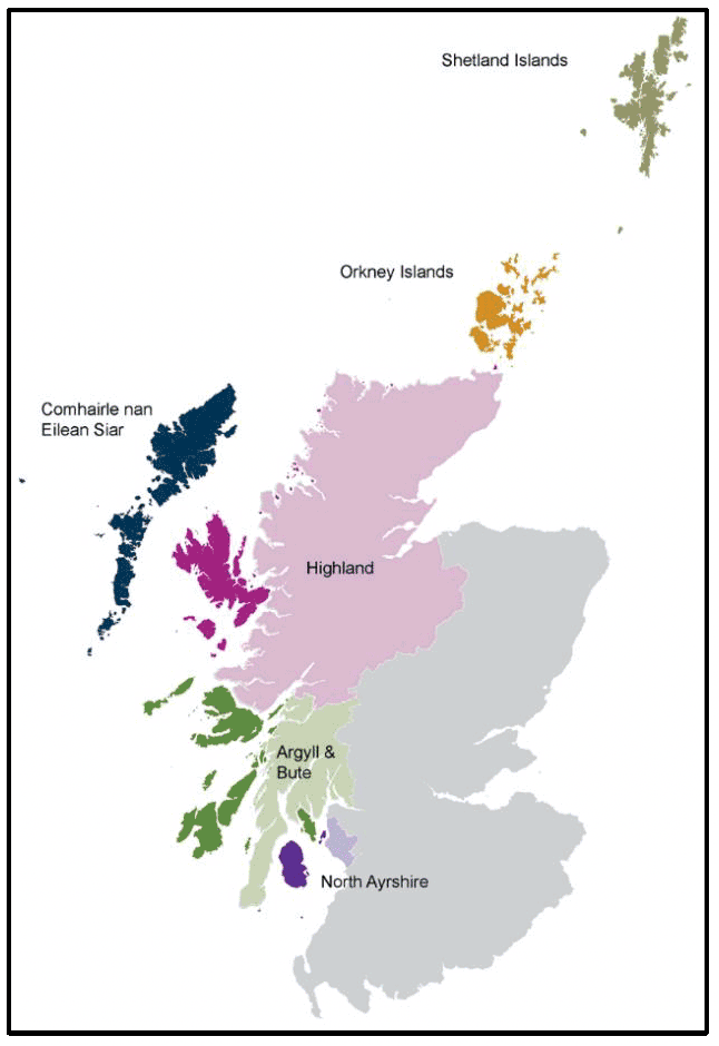 Map of Scotland, highlighting Local Authorities representing Island Communities