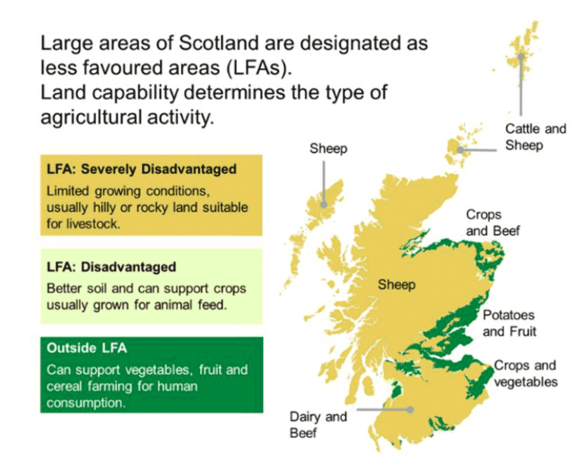 Map of Scotland by Less Favoured Area status shows the primary land use in different areas of Scotland classified by land type. Around 10% of Scottish agricultural land is used to grow cereals, fruit and vegetables.