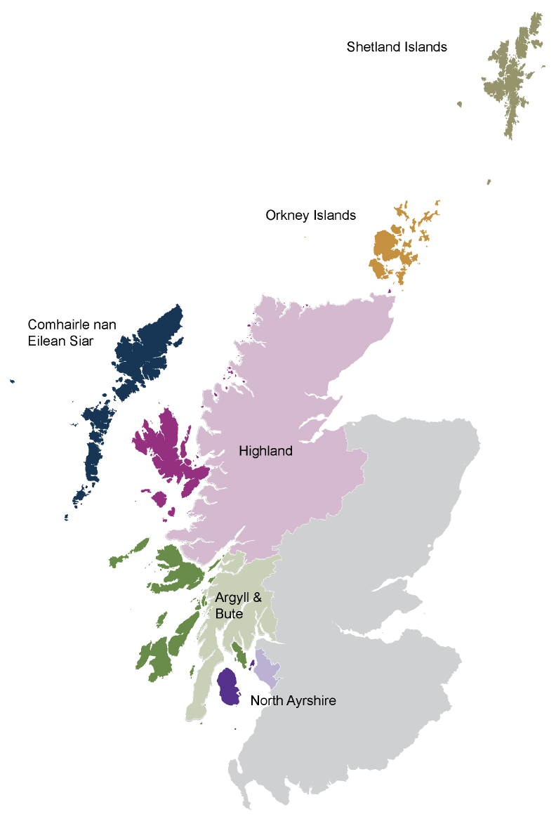 Map of Scotland. The regions of Comhairle nan Eilean Siar, Orkney Islands and Shetland Islands shaded. Highland, Argyll and Bute and North Ayrshire shaded in bold colours.