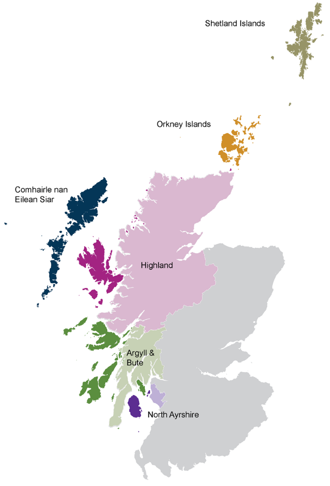 A map of Scotland showing the six island local authority areas. These are Argyll and Bute Council, Comhairle nan Eilean Siar (Western Isles Council), Highland Council, North Ayrshire Council, Orkney Islands Council and Shetland Islands Council.