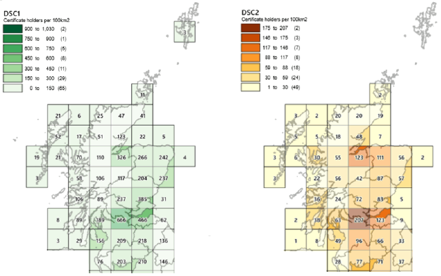 Figure 21 Numbers and distribution of DSC1 and DSC2 holders in Scotland per 100km²
(2018)
