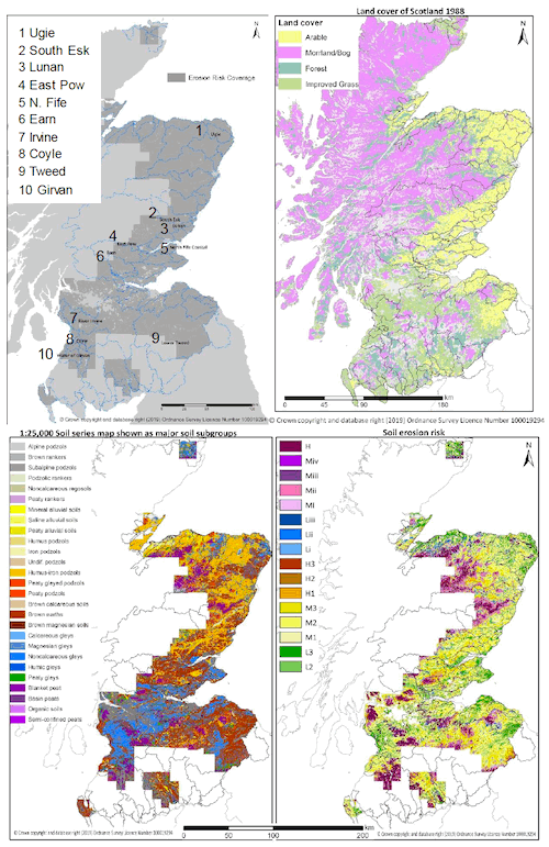Four maps of Scotland showing potential study catchments, land cover in Scotland, 1:25 000 Soil Series Map, and soil erosion risk classes for Scotland