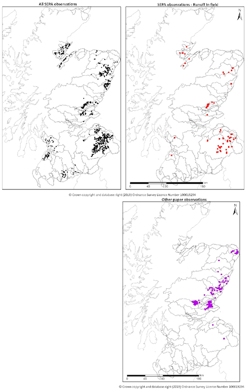 Location maps of observation points for soil erosion in Scotland, mainly in east coast arable areas