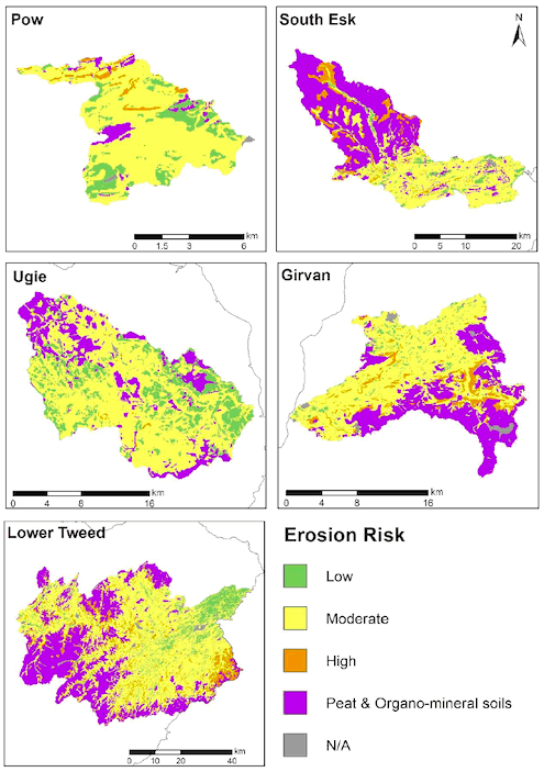 High, moderate and low erosion risk class maps for Pow, South Esk, Ugie, Girvan and Lower Tweed case study catchments