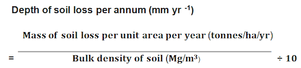 Depth of soil loss per yr = mass of soil loss per unit area per yr over BD of soil div by 10.