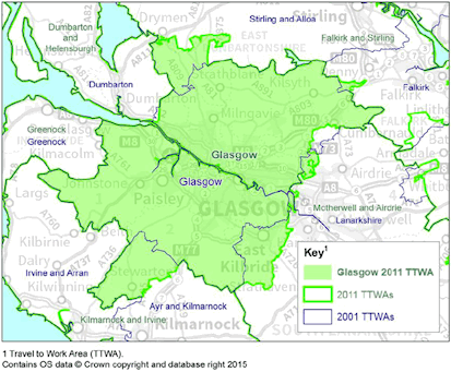 Map of growth in Glasgow’s Travel to Work Area between 2001 and 2011