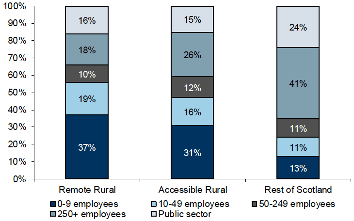 Graph showing employment percentage by size of employer, in remote rural areas, accessible rural areas, and the rest of Scotland, in 2017