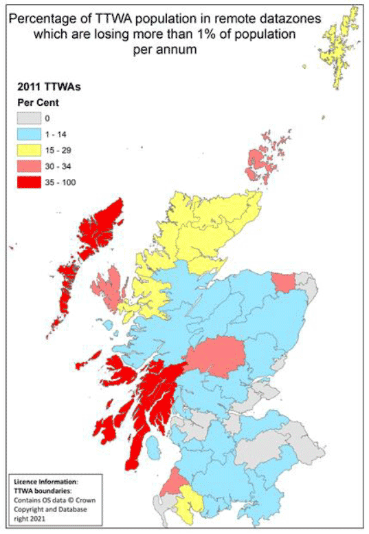 Map showing the percentage of population living in remote data-zones losing more than 1% of their population per annum by Scottish travel to work area