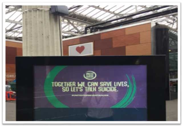 United to Prevent Suicide signage at Edinburgh Waverley Station, 10 September 2020