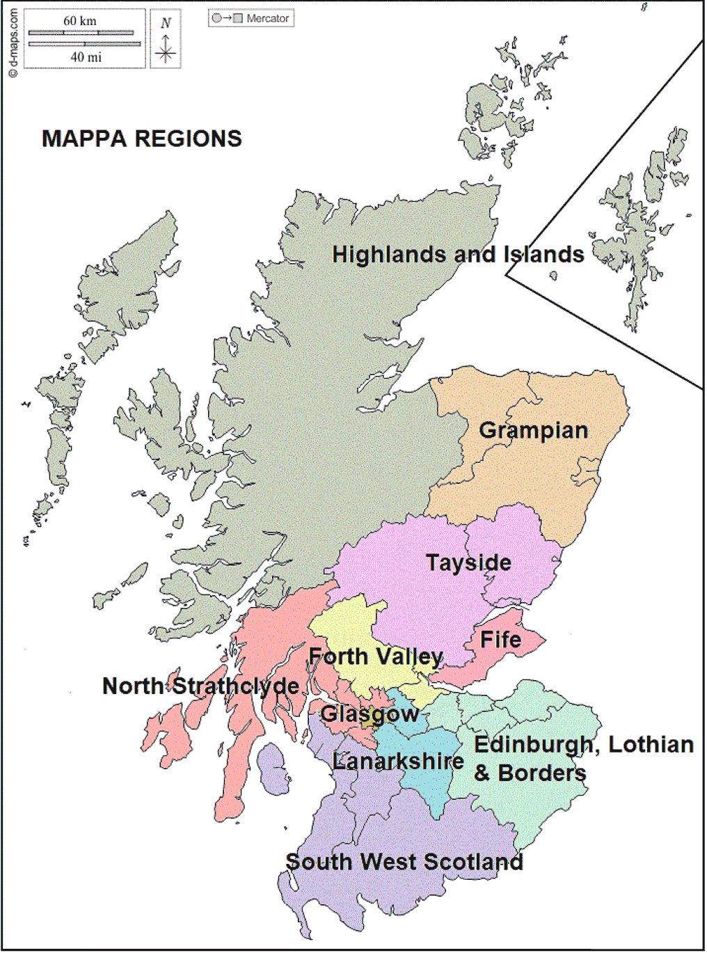 A map of the ten MAPPA regions in Scotland. From top to bottom; Highlands and Islands, Grampian, Tayside, Fife, Forth Valley, North Strathclyde, Glasgow. Lanarkshire, Edinburgh, Lothian & Borders and South West Scotland.