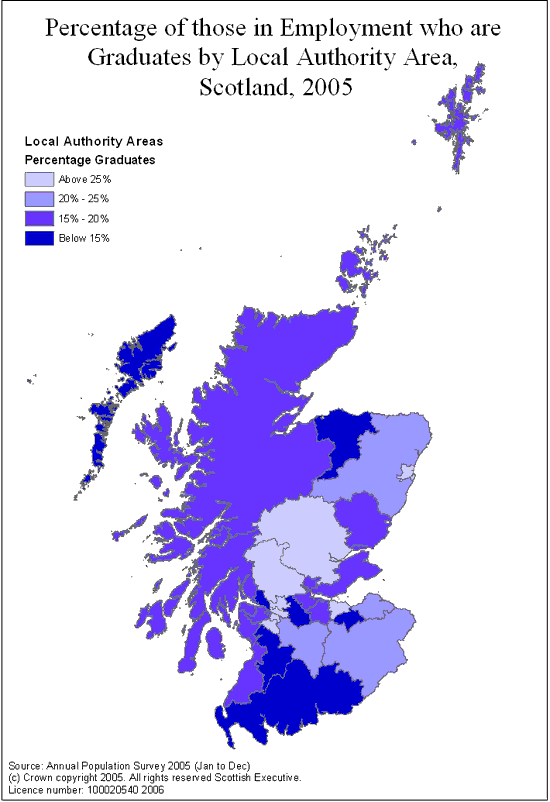 Figure 3- Percentage of those in employment who are graduates by local authority area, Scotland, 2005