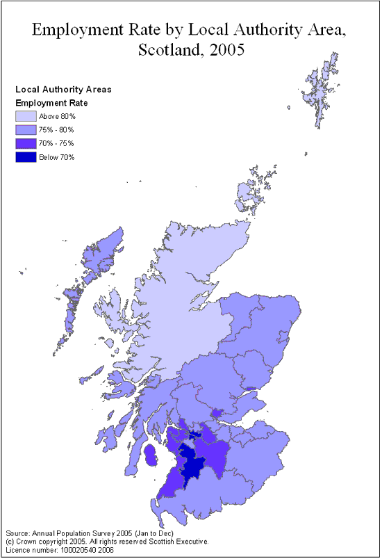 Figure 1- Employmeny rate by local authority area, Scotland, 2005