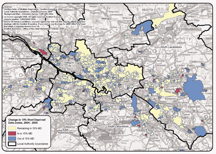 image of Map 1.7: The 15% most deprived data zones nationally in the overall SIMD 2004 and SIMD 2006, Glasgow City and surrounding area