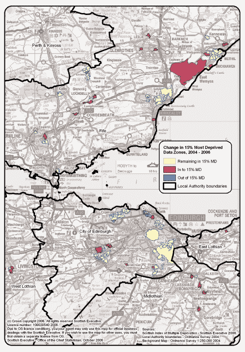 image of Map 1.8: The 15% most deprived data zones nationally in the overall SIMD 2004 and SIMD 2006, City of Edinburgh, Fife and the Lothians