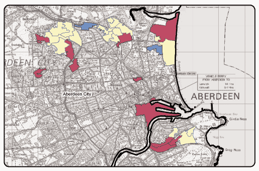 image of Map 1.9: The 15% most deprived data zones nationally in the overall SIMD 2004 and SIMD 2006, Aberdeen City