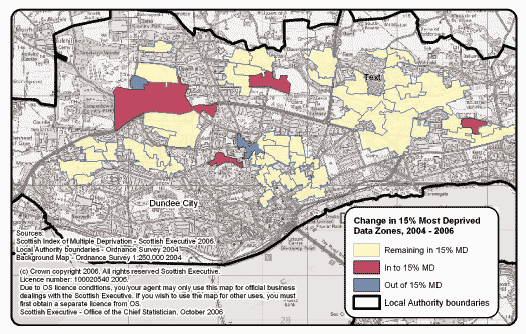 image of Map 1.10: The 15% most deprived data zones nationally in the overall SIMD 2004 and SIMD 2006, Dundee City