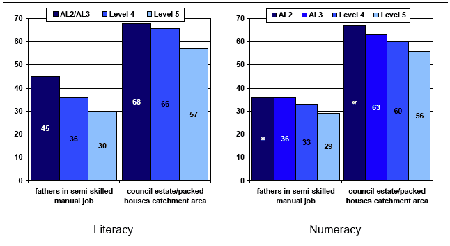 Figure 5.8: difference in student population in cohort members school at 10 by grasp of literacy or numeracy