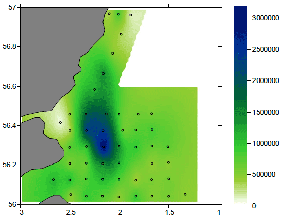 Figure 3: Map of the distribution of the total zooplankton abundance in the study area in number of organisms m-2.